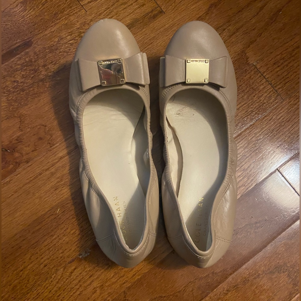 Cole Haan Nude Leather Ballet Flats with Bow and Gold Accent